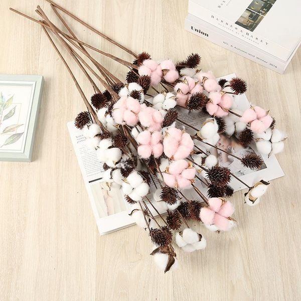 

artificial flowers art 6 blooms of dried cotton branch with pine cones natural creative home garden living room party decoration