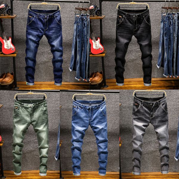 

2021 new fashion streetwear men retro wash ny fit elastic simple denim pencil pants homme korean style youth hip hop trousers 5i8f, Blue