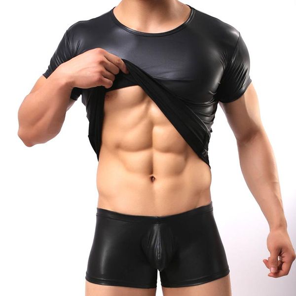 

pu leather t shirts men fitness o-neck gay boxers mens stage tshirt casual clothes briefs&tees tight sets suit, White;black