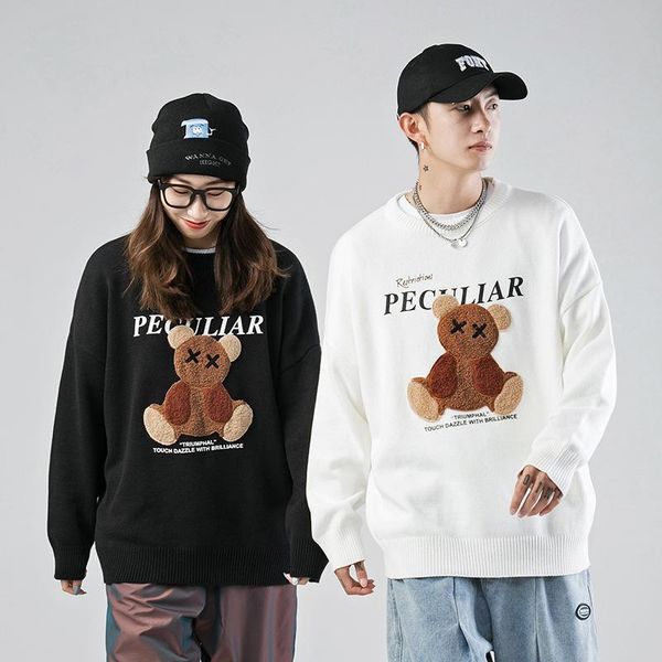

oversized pullover knitted sweater men cartoon bear sweaters winter clothes cute couple sweater o-neck knitted casual loose hot, White;black