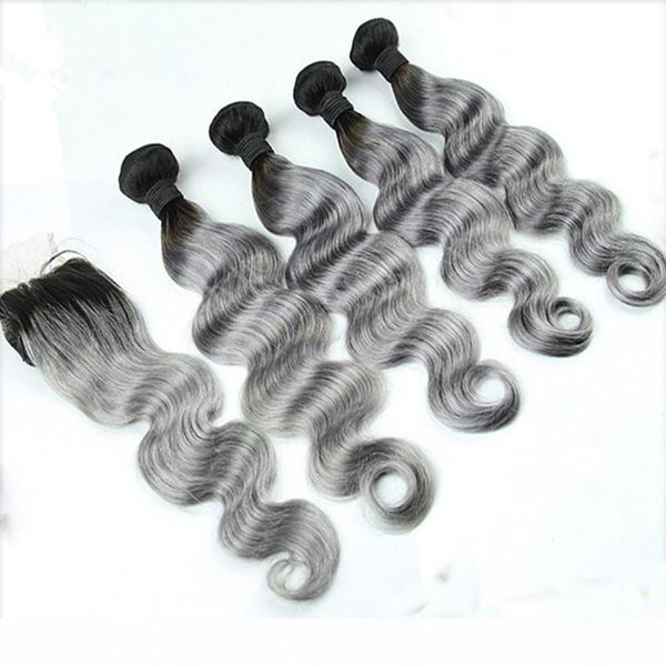 

1b grey ombre brazilian hair bundles with body wave lace closure 4pcs two tone colored hair weave with closure silver grey 5pcs lot, Black