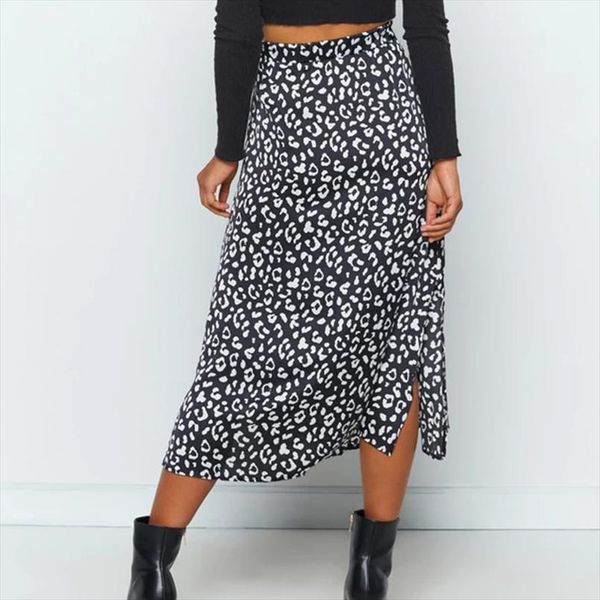 

chiffon leopard print split midi skirt womens vintage high waist zip elegant ladies 2020 summer fashion skirts female, Black