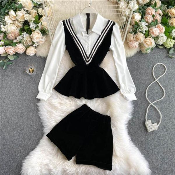 

preppy style 2020 autumn new long sleeve velvet patchwork slim white shirt elastic waist shorts two piece set women outfits, Gray