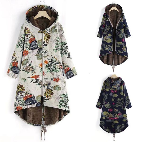 

women's jackets coat womens winter warm outwear floral print hooded pockets vintage oversize coats veste femme manteau chaquetas mujer, Black;brown