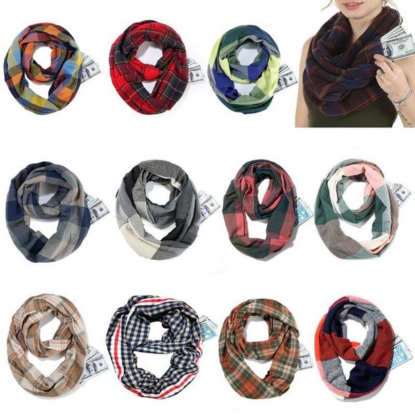 

women men winter travel plaid infinity scarf with hidden zipper pocket, Blue;gray