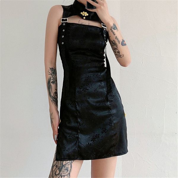 

2021 new outono vestido feminino novo sem mangas gola subida oco costura hem fenda magro emagrecimento saia hip rcas, Black;gray