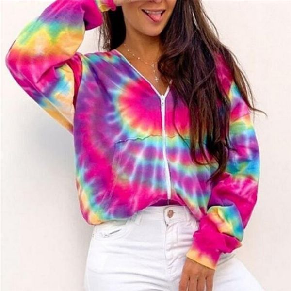 

women hoodies female casual tie dye long sleeve zipper pocket hooded sweatshirt zipper coat outwear autumn new jacket, Black