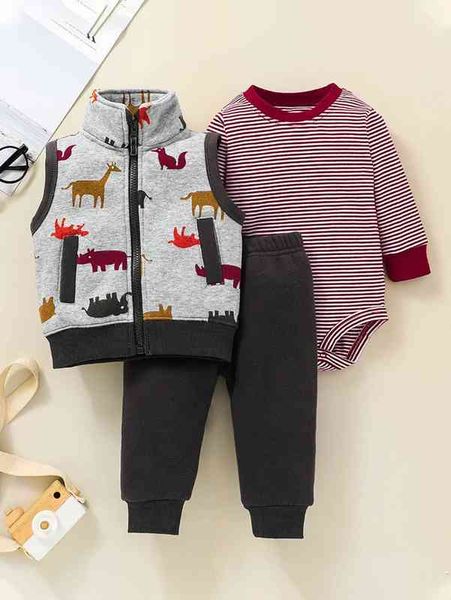 

baby striped bodysuit & cartoon graphic vest jacket & pants she, Blue