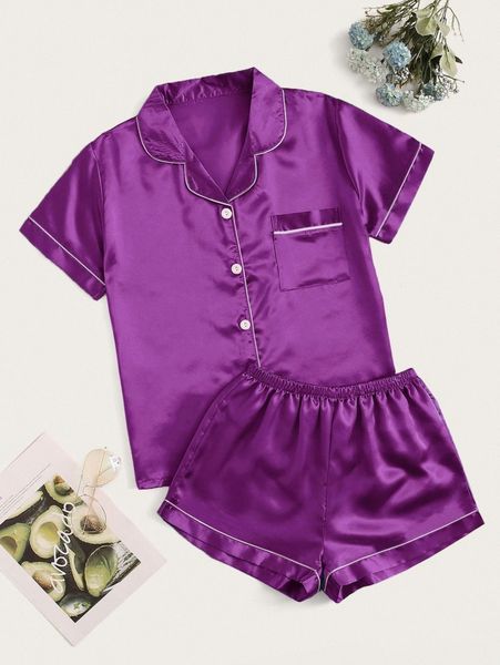 

plus contrast binding satin pajama set a2fr#, Black;white