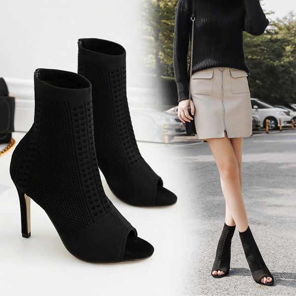 

new fashion high-heeled short boots, socks and boots, knitted thin heel fish mouth women's boots and cool boots women's shoes in, Black