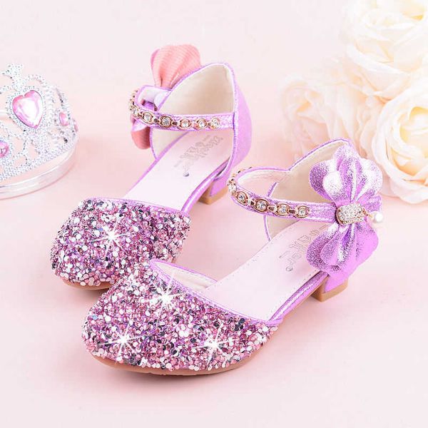 

elling girls bow-knot princess shoes with high-heeled, kids glitter dance performance summer shoes, purple , pink & silver 26-38, Black
