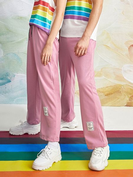 

1pc letter patched slant pocket sweatpants f9rm#, Black