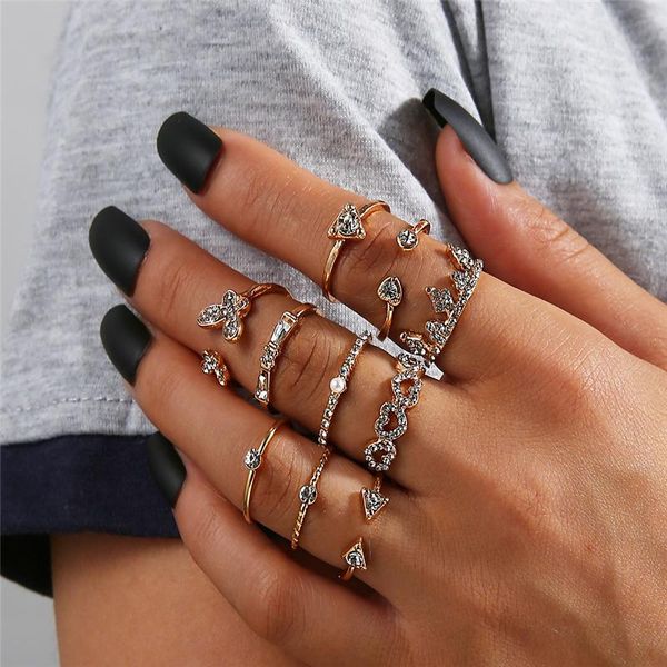 

wedding rings 10pcs/set luxury crystal set for women girls romantic cute butterfly ring lady party heart gifts, Slivery;golden