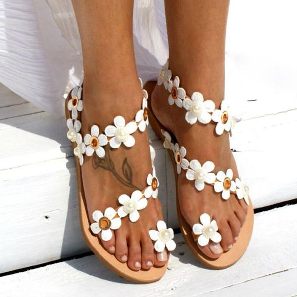 

women bohemia flower flat summer sandals shoes slippers ladies girls gladiator sandals pearl shoes sandalias mujer flip flop 44, Black