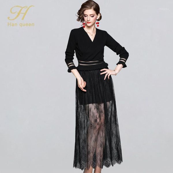 

h han queen v-neck knit stitching lace long dress women slim hollow out party dresses wnter 2-piece work a-line vestidos1, Black;gray
