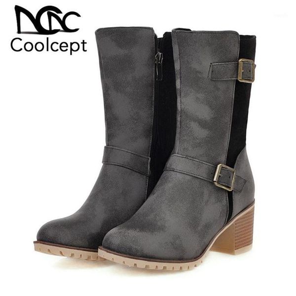 

boots women mid calf fashion patchwork zipper thick heels shoes buckle knight footwear size 33-431, Black