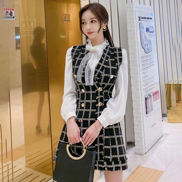 

office lady two piece set women diamonds bow shirts + plaid tweed sleeveless dress double breasted v-neck vintage harajuku b602, Gray