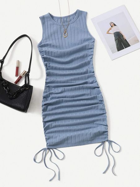 

ruched drawstring side bodycon dress 11ro#, Black;gray
