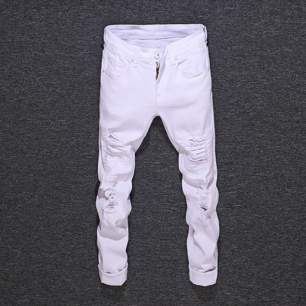 

2021 new fashion streetwear white slim fit elastic destroyed ripped men denim hip hop pants vintage designer jeans homme sjzu, Blue
