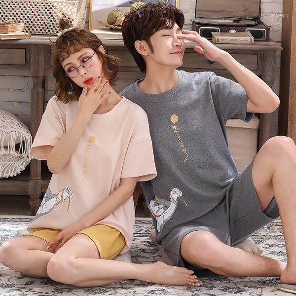 

summer new knitted cotton women's pajamas set couple cartoon pajamas set women's couple -3xl home service1, Black;red