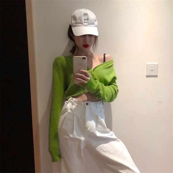 

korean style green solid color thin v neck knitted sweaters cardigan sun protection long sleeve womens (r1274) y200720, White;black
