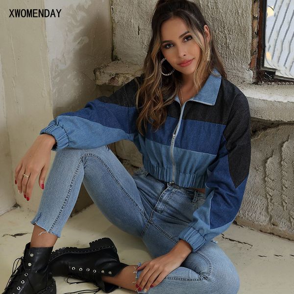 

jean jacket woman blue denim clothes spring autumn fashion patchwork zip up cropped jackets short outerwear coat fall women 201028, Black;brown