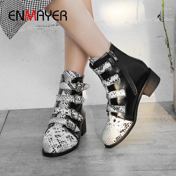 

boots enmayer round toe pu hoof heels winter women zip med mixed colors short plush ankle buckle snake stripe white shoes1, Black