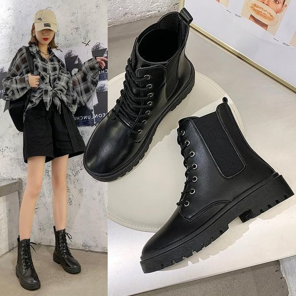 

new boots women british wind 100 build 2021 autumn and winter flat-bottomed retro locomotive boots with women's, Black