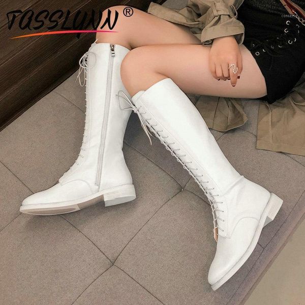 

tasslynn 2020 women shoes zipper high heels shoes women knee high boots low heels round toe motorcycle boots fashion 34-401, Black