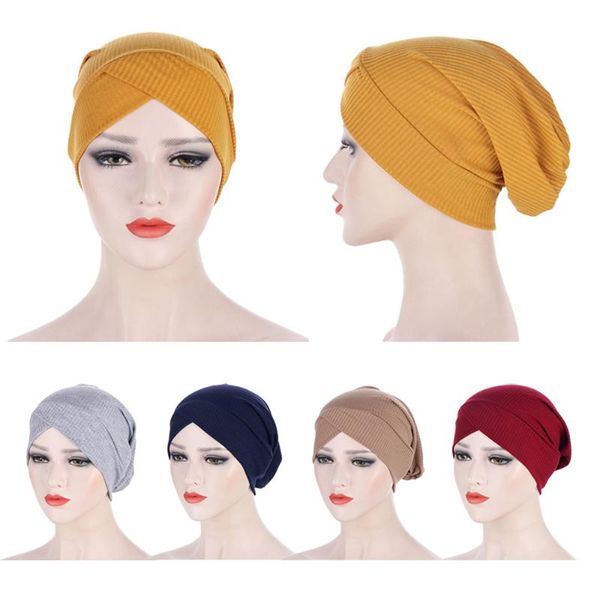 

beanie/skull caps forehead cross muslim turban solid color hair loss stretch cotton inner hat for ready to wear women head scarf under bonne, Blue;gray