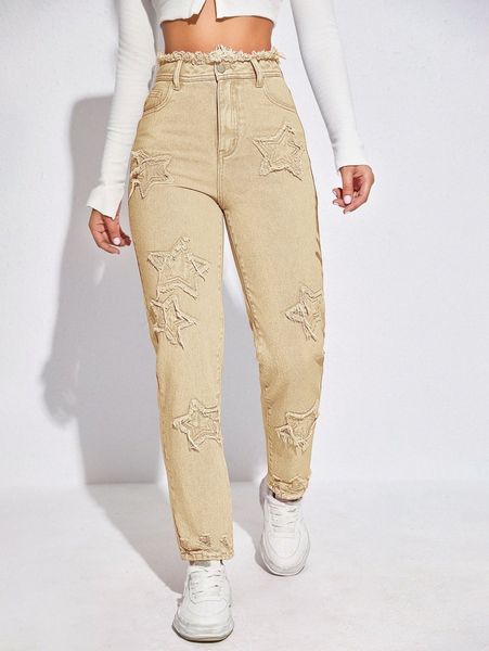 

high waist star patched jeans a6oz#, Blue