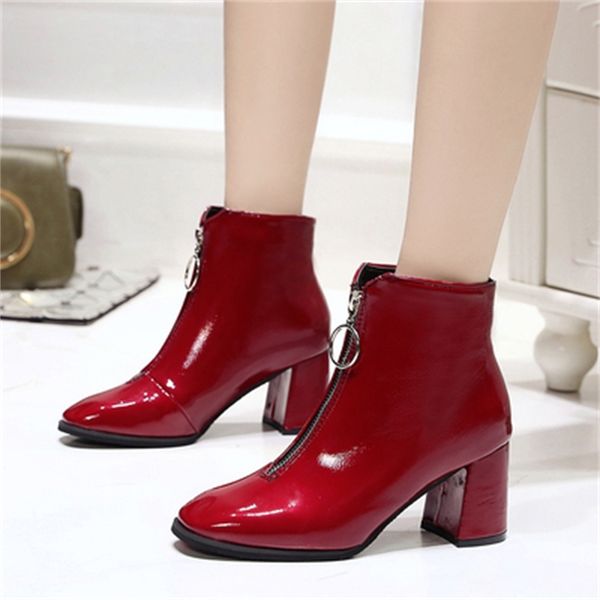 

new fashion 2021 woman front big open thick winter heels high leather boots black red p5zv