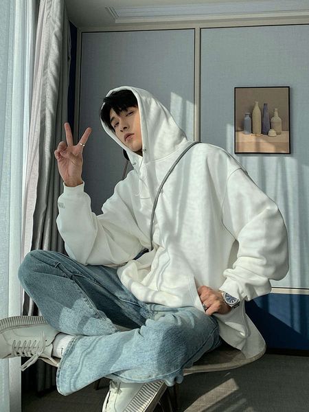 

hualun sweater men's autumn winter plush thickened hood loose fashion brand exquisite korean style pure cotton ifashion trend, Black