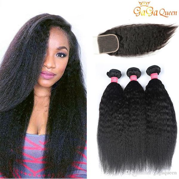 

malaysian kinky straight hair bundles with closure 3 bundles malaysian human hair extensions yaki straight with 4x4 lace closure, Black;brown