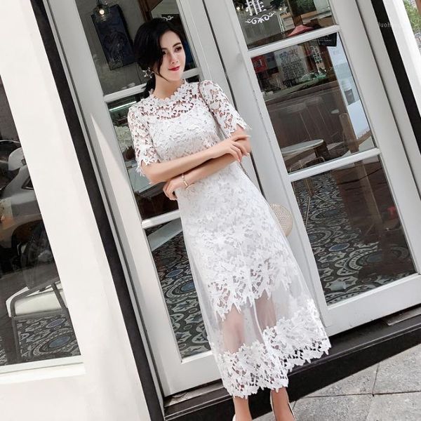 

goddess style fashion 2020 new korean pin bead lace splicing mesh mid length dress fashion1, Black;gray