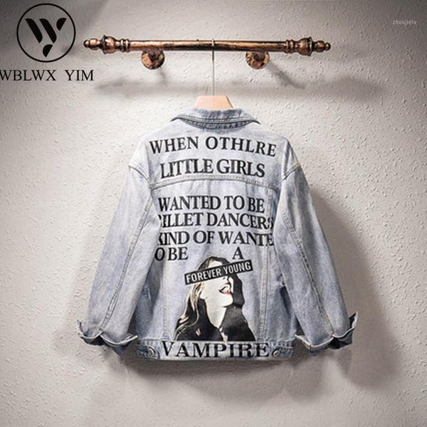 

jeans jacket women streetwear 2020 spring loose long sleeve denim jacket female fashion print jeans coat basic jackets outwear1, Black;brown