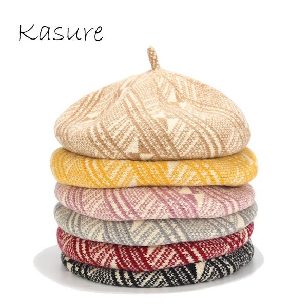 

kasure fashion winter warm woll berets for women geometric patterns cashmere elegant beret girls flat hats painter caps, Blue;gray