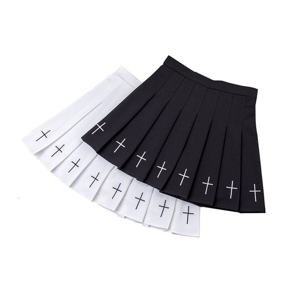 

girls punk cross embroidery skirts summer pleated women high waist gothic mini skirts cross female black white skirt cx200703