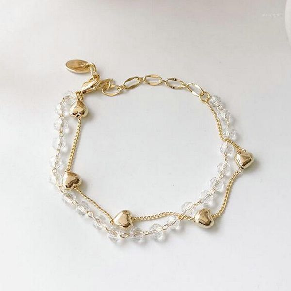 

river women metal double chain bracelet charm girl heart beads bracelets trendy jewelry1, Golden;silver