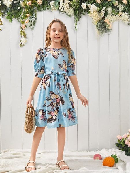 

girls 1pc floral puff sleeve belted dress she, Red;yellow