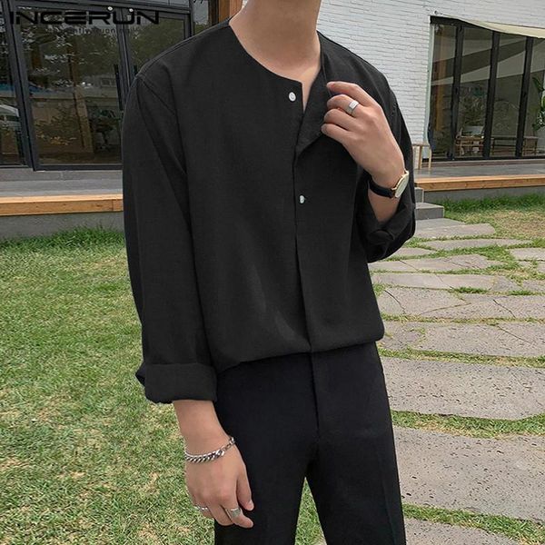 

men's casual shirts 2021 mens shirt round neck cotton long sleeve blouse streetwear solid color vintage camisa masculina incerun s-5xl, White;black