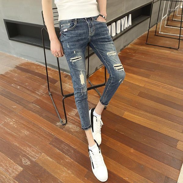 

wholesale 2020 fashion casual social guy cowboy beggar pants men's slim korean tight skinny jeans men feet hole ankle pants1, Blue