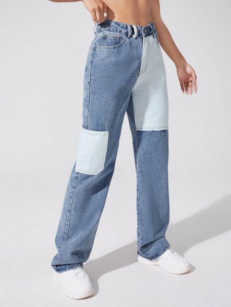 

high waist two tone jeans a96m#, Blue