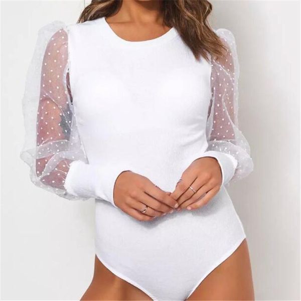 

women's jumpsuits & rompers mesh sheer jumpsuit fashion puff long sleeves triangle bodycon bodysuit stretch leotard lace splice female, Black;white