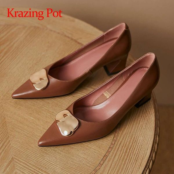 

krazing pot handmade full grain leather pointed toe high heels spring shoes metal decoration retro fashion cozy women pumps l36, Black
