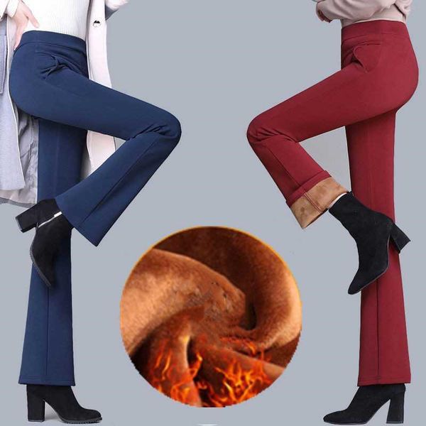 

2021 new autumn women elasticity bell-bottoms plus size high waist long pants winter add velvet warm ladies full length trousers wpue, Black;white