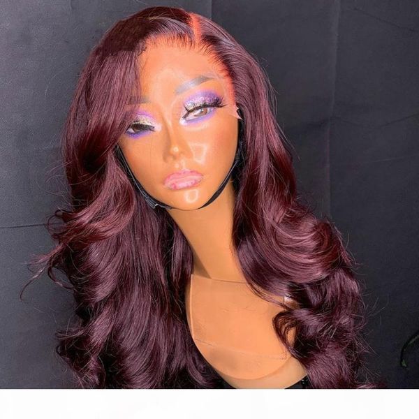 

ombre 99j red body wave 13x4 lace front wigs burgury human hair wigs bleached knots, Black;brown