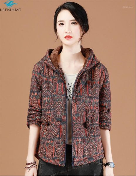 

women vintage floral print fashion thick cotton padded coats office lady winter hooded loose casual comfortable warm retro coats1, Black