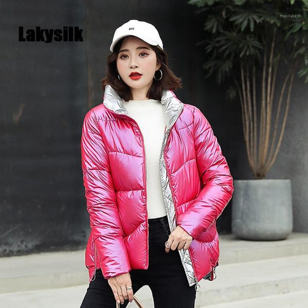 

women new parkas ladies stand collar pockets glossy coat fashion thick cotton coat famale autumn winter casual slim short jacket1, Black