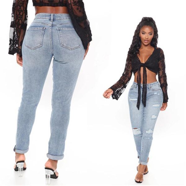 

ladies hole elasticity jeans fashion trend flanging middle waist denim trousers designer female autumn new washed casual skinny ripped jeans, Blue